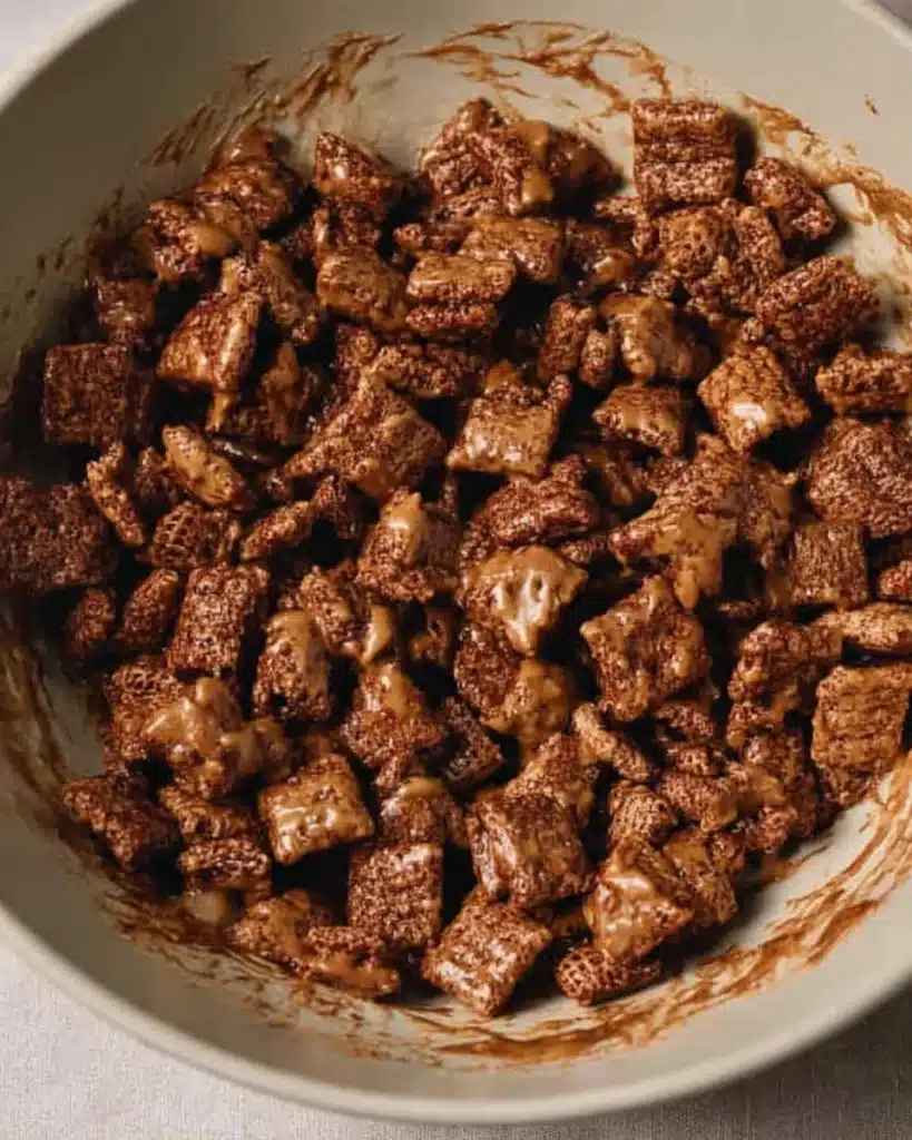 Christmas Puppy Chow (Festive Muddy Buddies) 3 Chex cereal coated with melted chocolate and peanut butter in a mixing bowl