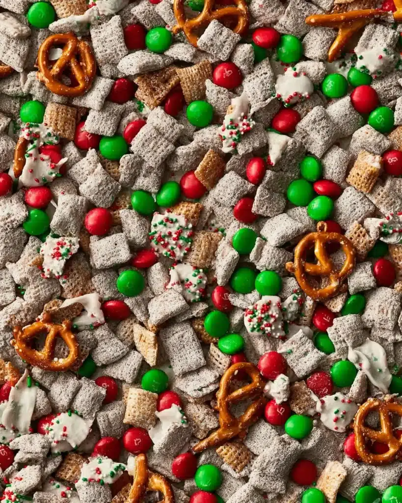 Christmas Puppy Chow (Festive Muddy Buddies) 5 Christmas Puppy Chow mix with M&M’s, pretzels, and powdered sugar