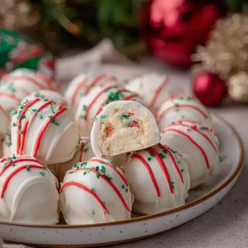 Christmas Tree Cake Truffles Recipe (No-Bake Holiday Treat) 7 Close-up of Christmas Tree Cake Truffles with white chocolate coating and festive red drizzle