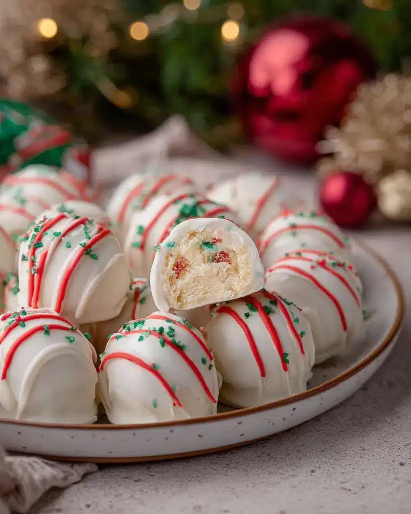 Christmas Tree Cake Truffles Recipe (No-Bake Holiday Treat) 1 Close-up of Christmas Tree Cake Truffles with white chocolate coating and festive red drizzle