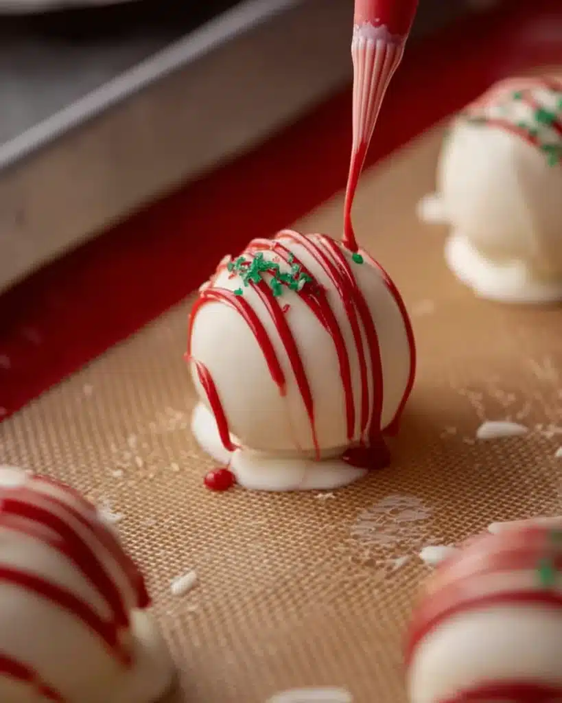 Christmas Tree Cake Truffles Recipe (No-Bake Holiday Treat) 5 Drizzling red candy melt over Christmas Tree Cake Truffle