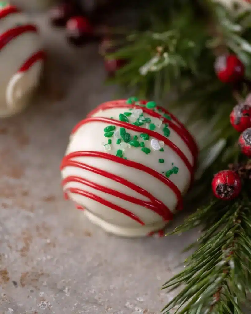 Christmas Tree Cake Truffles Recipe (No-Bake Holiday Treat) 6 Single Christmas Tree Cake Truffle with red drizzle and green sprinkles