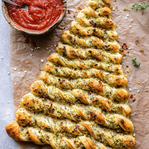 Christmas Tree Garlic Bread Recipe 5 Christmas tree garlic bread with herbs and marinara dipping sauce