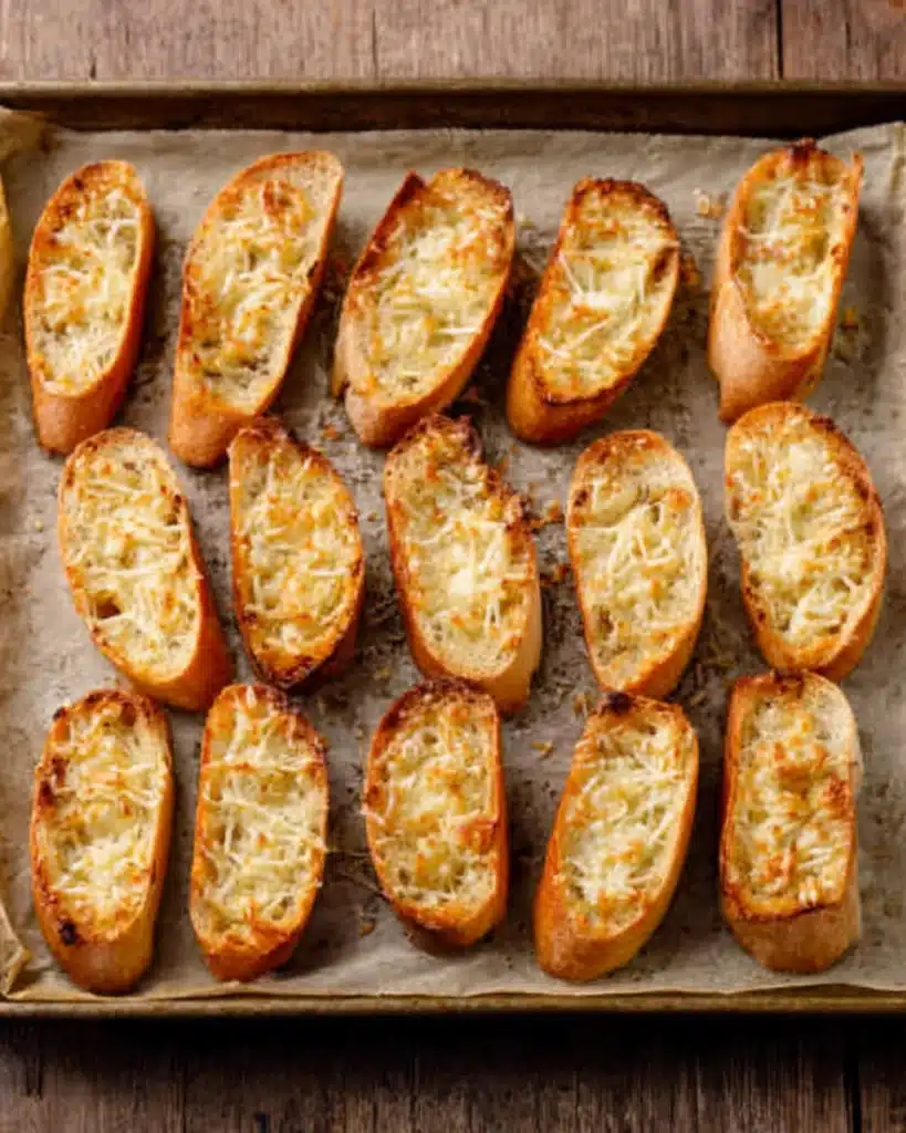 Classic Bruschetta Recipe (Easy Italian Appetizer) 6 Golden baked bruschetta toasts with parmesan on a tray