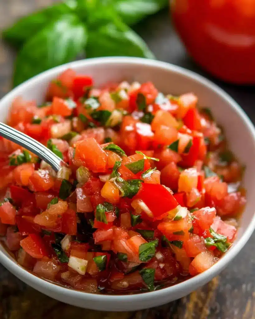 Classic Bruschetta Recipe (Easy Italian Appetizer) 3 Fresh bruschetta topping with tomatoes, basil, and garlic in a bowl