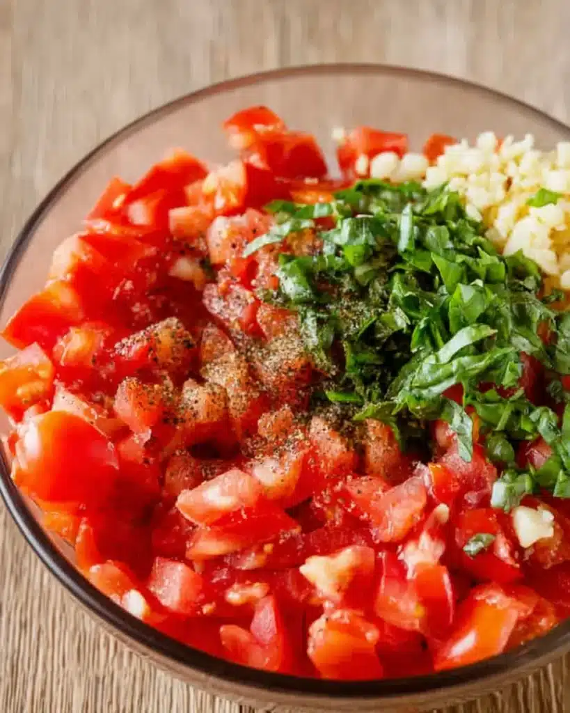 Classic Bruschetta Recipe (Easy Italian Appetizer) 2 Fresh tomato, basil, and garlic mixture for classic bruschetta