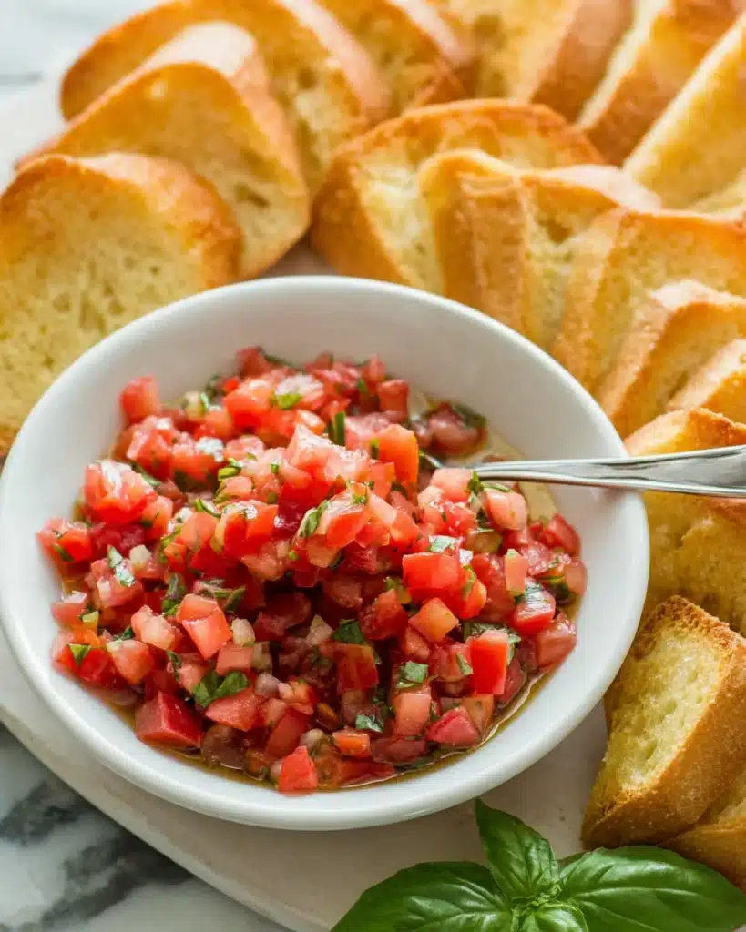 Classic Bruschetta Recipe (Easy Italian Appetizer) 8 Bowl of fresh bruschetta topping with toasted baguette slices