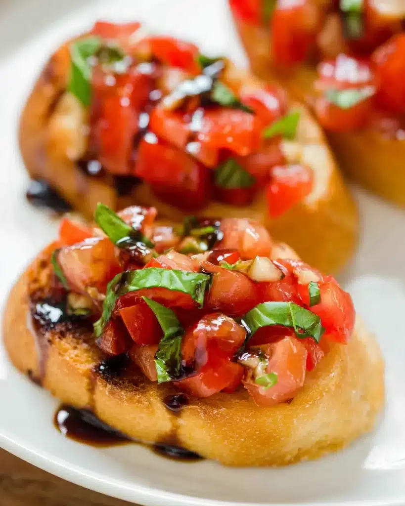 Classic Bruschetta Recipe (Easy Italian Appetizer) 7 Close-up of classic bruschetta with tomatoes, basil, and balsamic glaze