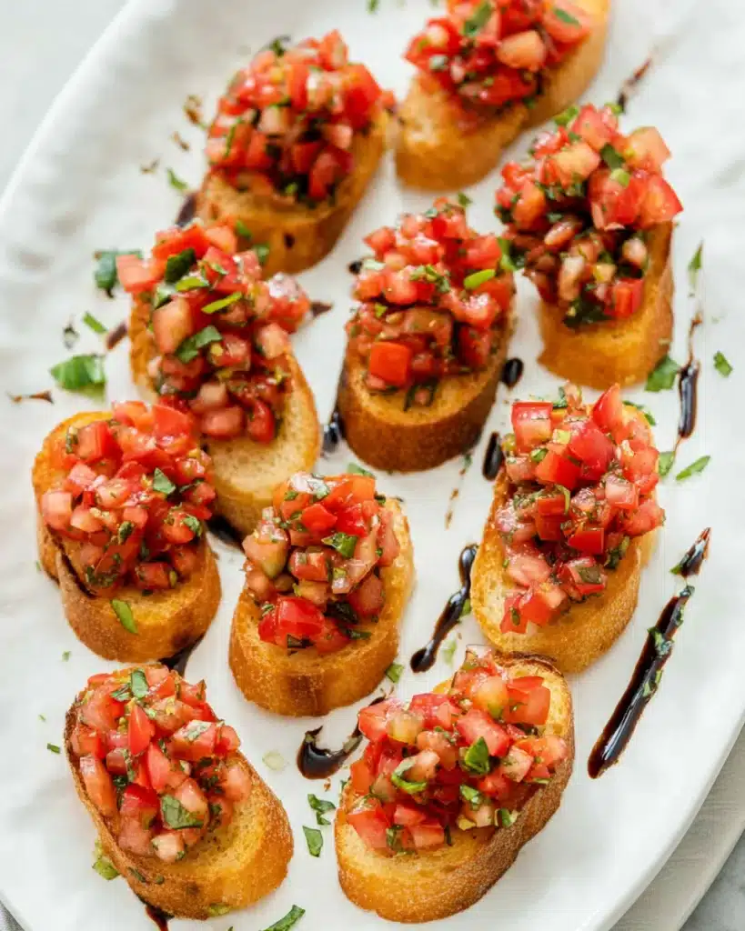 Classic Bruschetta Recipe (Easy Italian Appetizer) 1 Classic bruschetta with tomatoes, basil, and balsamic glaze on crispy baguette slices