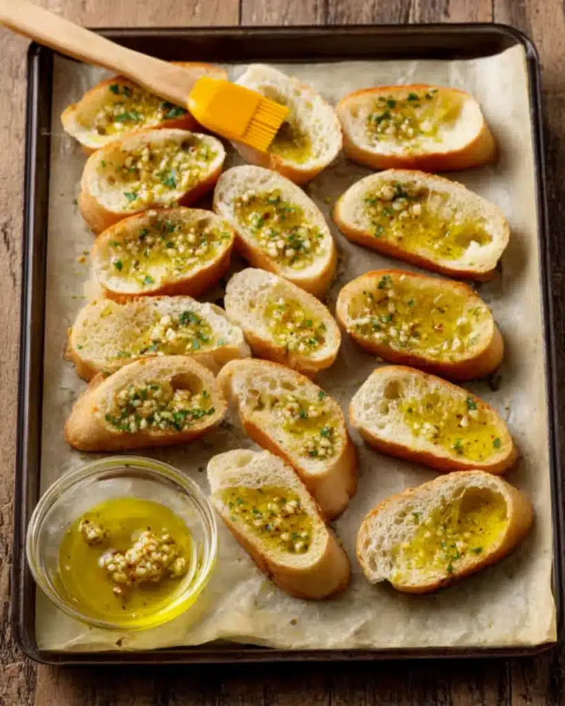 Classic Bruschetta Recipe (Easy Italian Appetizer) 5 Baguette slices brushed with garlic olive oil for bruschetta