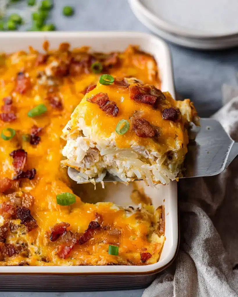 Crack Breakfast Casserole 7 Serving a slice of cheesy Crack Breakfast Casserole with bacon and hashbrowns