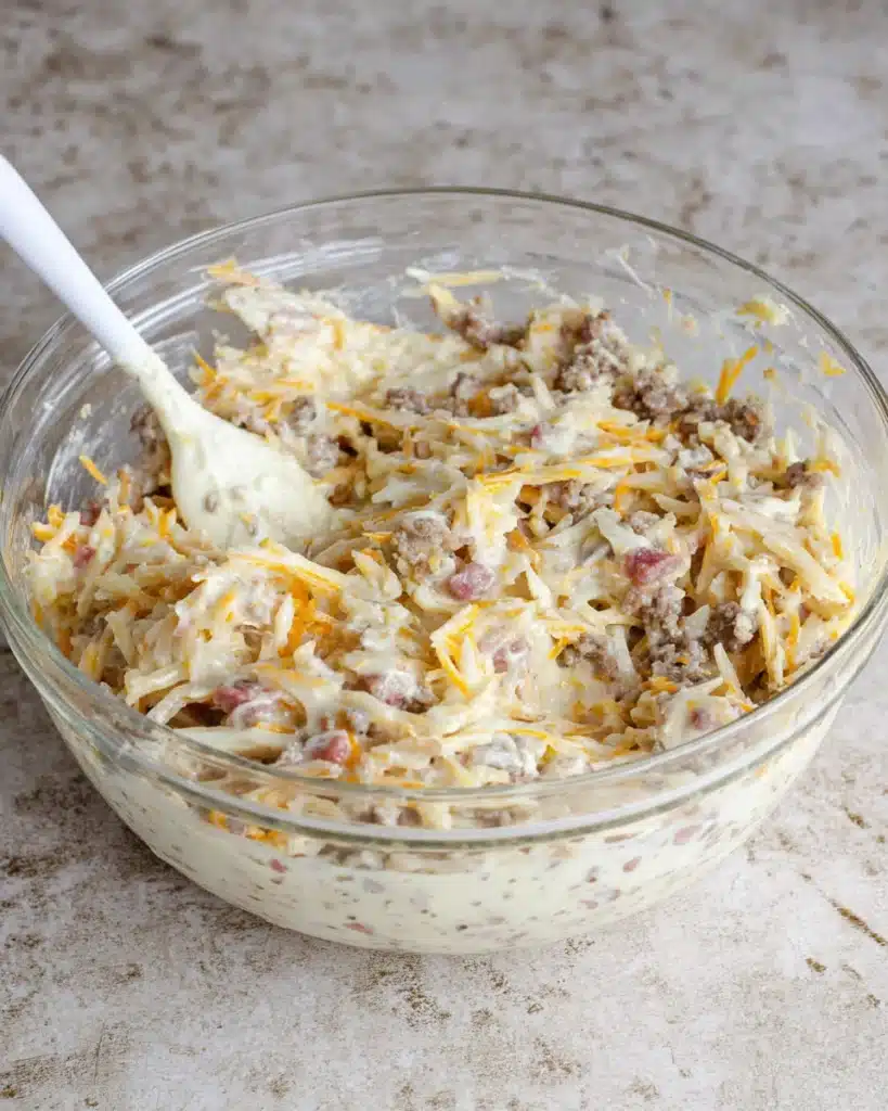 Crack Breakfast Casserole 4 Mixed hashbrowns, sausage, bacon, and cheese in bowl for Crack Breakfast Casserole