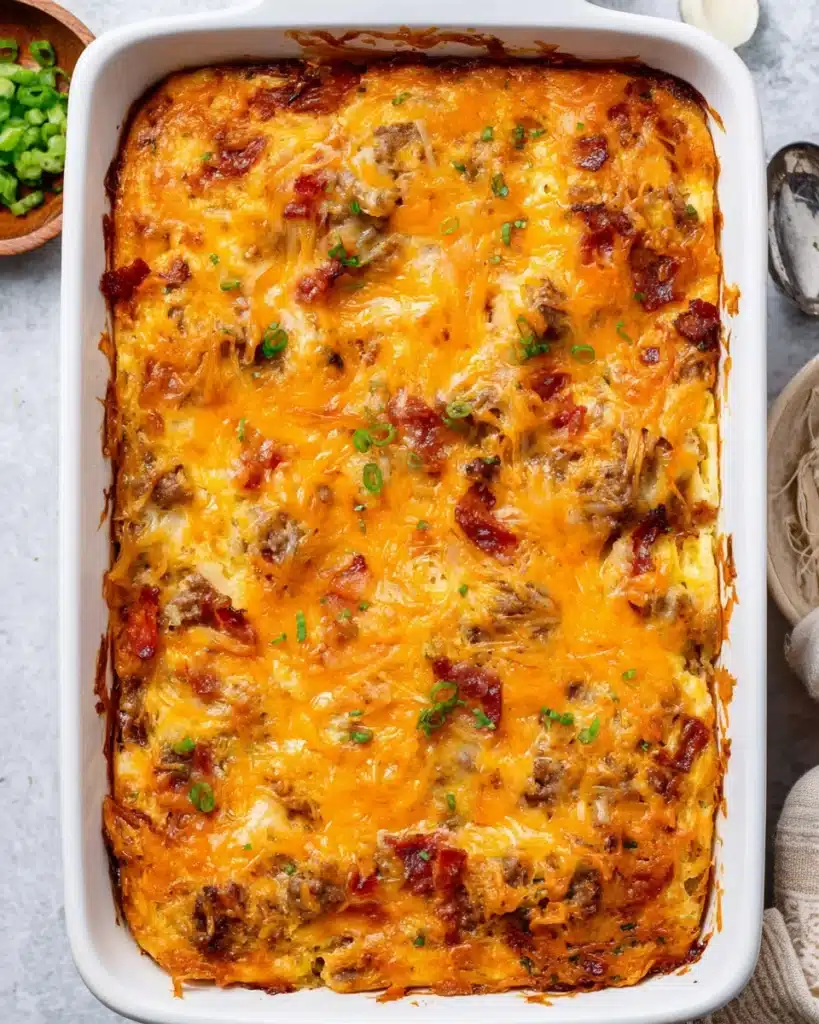 Crack Breakfast Casserole 6 Overhead view of a golden, cheesy Crack Breakfast Casserole with bacon, sausage, and scallions in a white baking dish—crispy, creamy, and perfect for brunch.