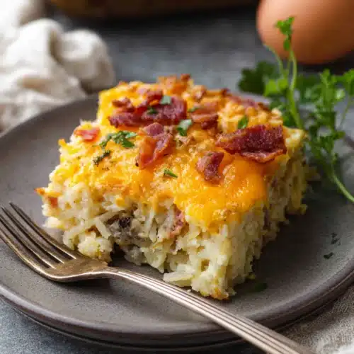 Crack Breakfast Casserole 8 Cheesy Crack Breakfast Casserole slice with bacon and hashbrowns on plate