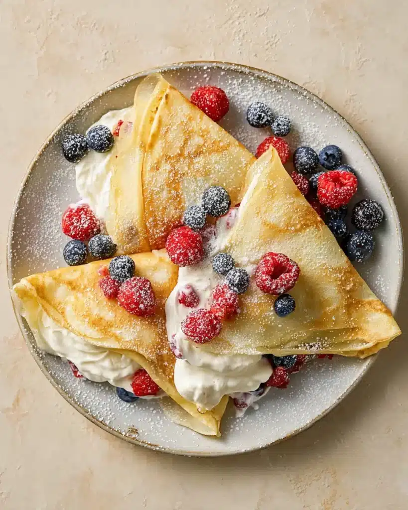Crepes with Pancake Mix (Easy, Light & Delicious Breakfast Recipe) 6 Folded crepes with whipped cream, raspberries, and blueberries