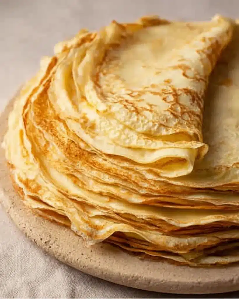 Crepes with Pancake Mix (Easy, Light & Delicious Breakfast Recipe) 5 Stack of golden crepes made with pancake mix on beige plate