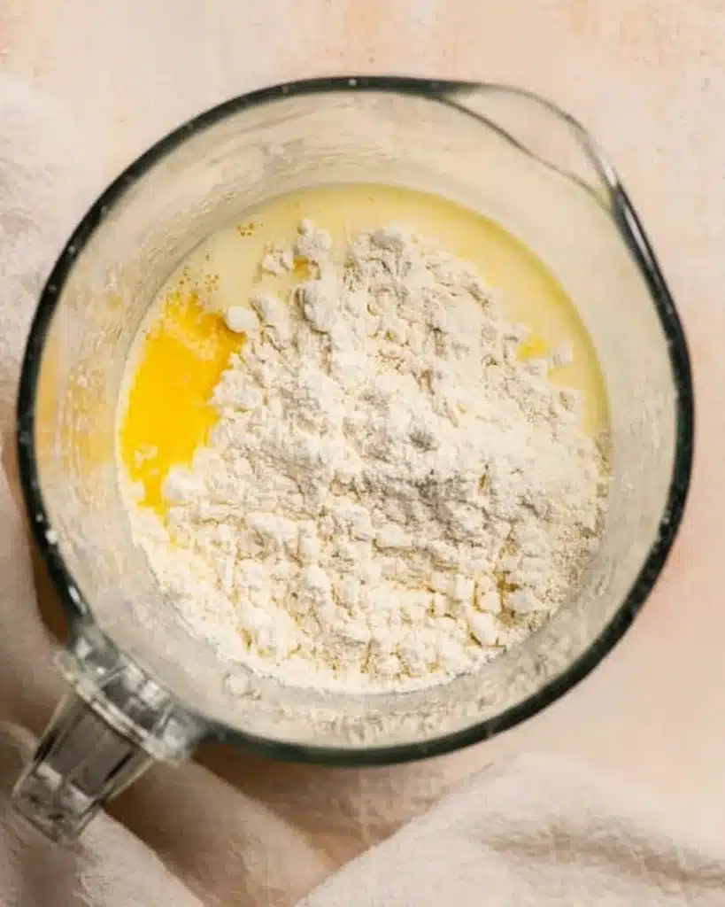 Crepes with Pancake Mix (Easy, Light & Delicious Breakfast Recipe) 2 Pancake mix and eggs in a blender for crepes with pancake mix