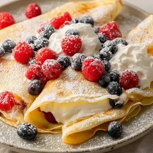 Crepes with Pancake Mix (Easy, Light & Delicious Breakfast Recipe) 8 Golden crepes with berries and whipped cream topped with powdered sugar