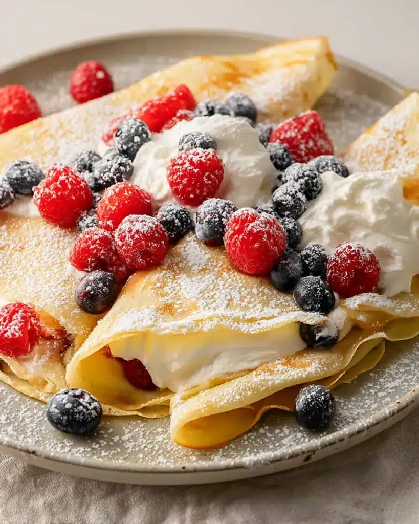 Crepes with Pancake Mix (Easy, Light & Delicious Breakfast Recipe) 1 Golden crepes with berries and whipped cream topped with powdered sugar