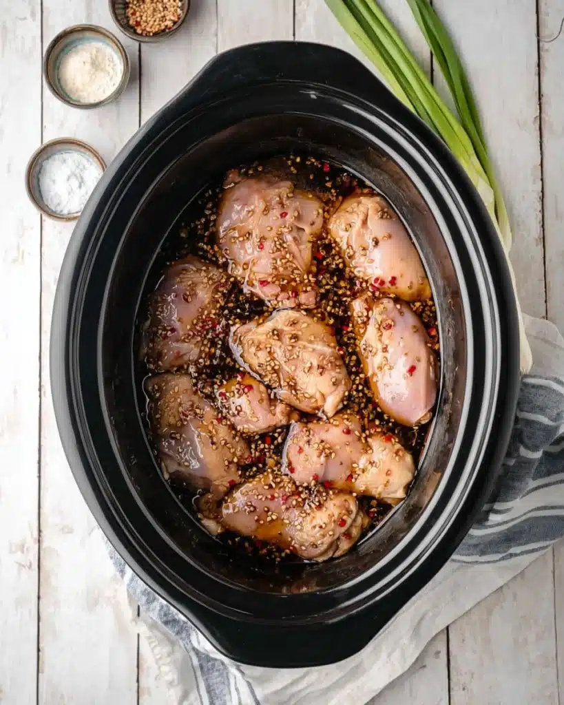 Chicken thighs in slow cooker coated with bourbon sauce for Crock Pot recipe