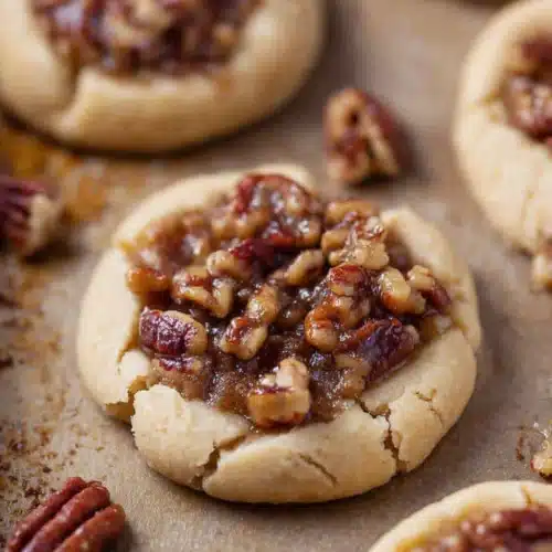 Crumbl Pecan Pie Cookie Recipe 7 Crumbl pecan pie cookies with gooey caramelized pecan filling on wooden board