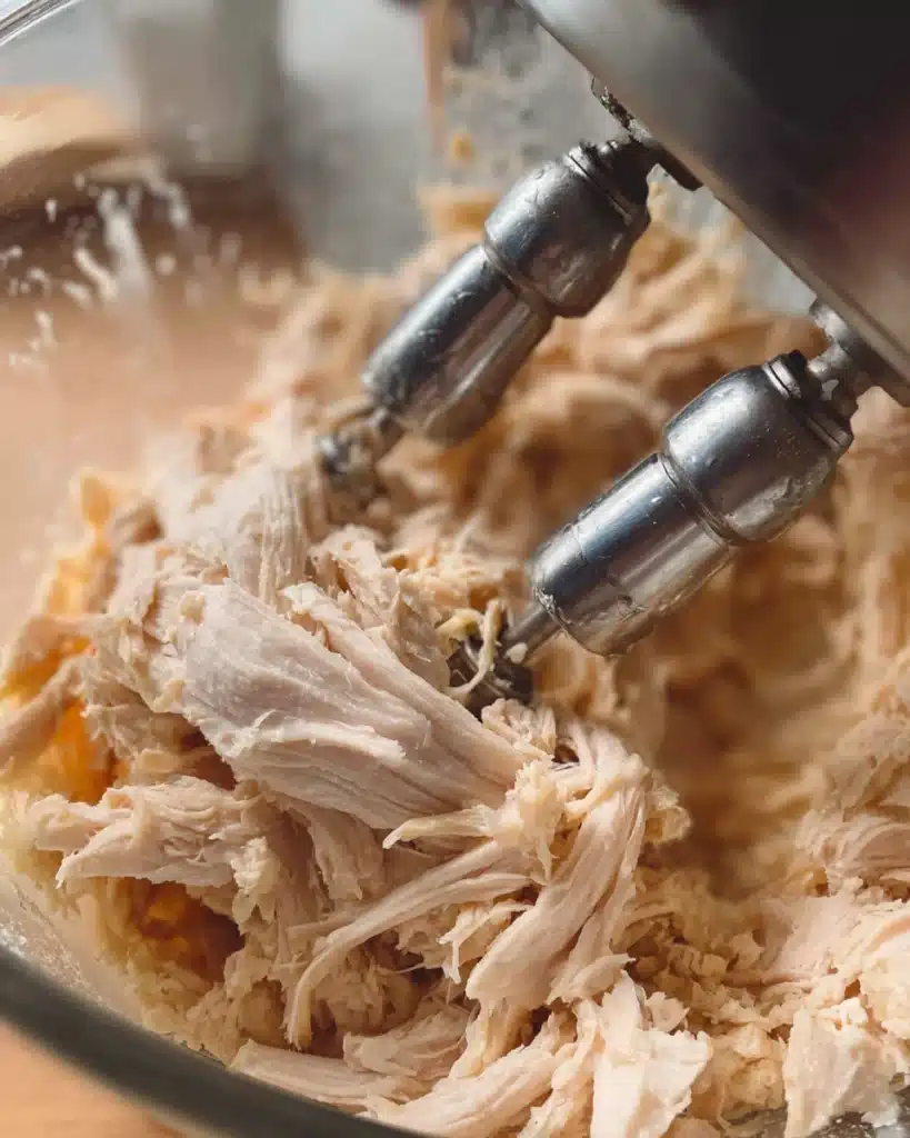 Easy Chicken Wraps (Quick & Flavorful Lunch Recipe) 2 Shredding cooked chicken with electric mixer in glass bowl
