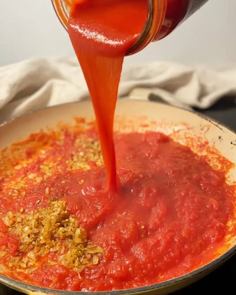 Easy Homemade Butter Chicken Recipe (Ready in 45 Minutes) 4 Tomato sauce poured into skillet with onions for Easy Homemade Butter Chicken