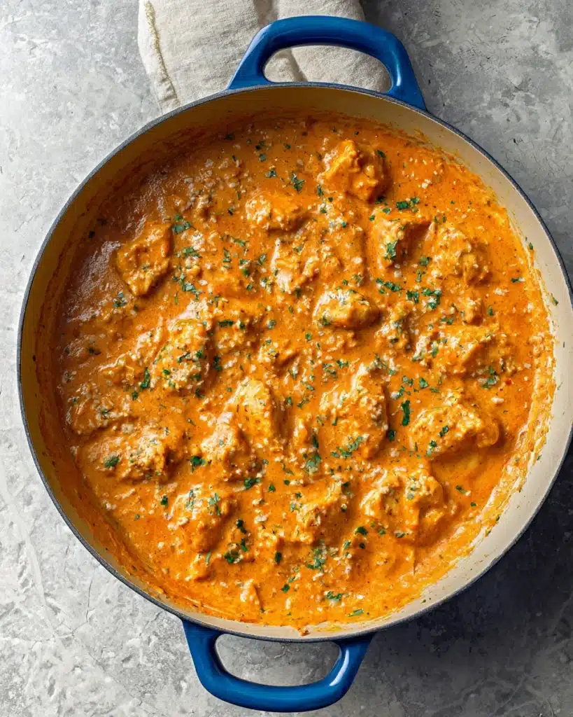 Easy Homemade Butter Chicken Recipe (Ready in 45 Minutes) 2 Easy Homemade Butter Chicken simmering in skillet with creamy sauce
