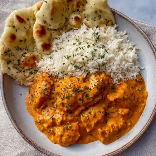Easy Homemade Butter Chicken Recipe (Ready in 45 Minutes) 8 Easy homemade butter chicken with rice and naan bread on a plate