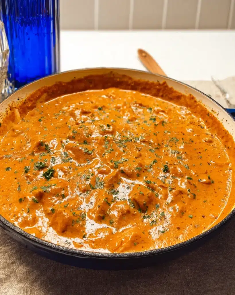 Easy Homemade Butter Chicken Recipe (Ready in 45 Minutes) 6 Easy Homemade Butter Chicken simmering in skillet with creamy sauce