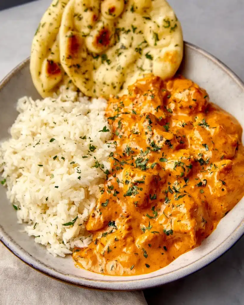 Easy Homemade Butter Chicken Recipe (Ready in 45 Minutes) 7 Easy Homemade Butter Chicken with rice and naan bread served on a plate