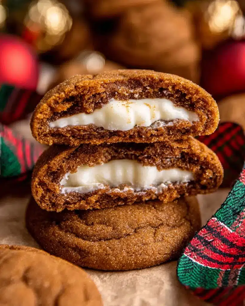 Gingerbread Cheesecake Cookies 7 Stack of gingerbread cheesecake cookies showing creamy centers