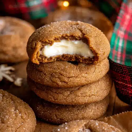Gingerbread Cheesecake Cookies 9 Stack of gingerbread cheesecake cookies with creamy filling and holiday ribbon