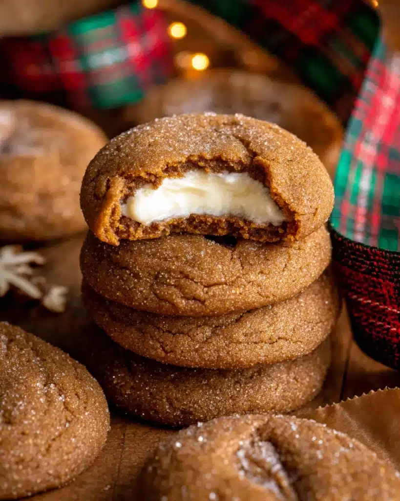 Gingerbread Cheesecake Cookies 1 Stack of gingerbread cheesecake cookies with creamy filling and holiday ribbon