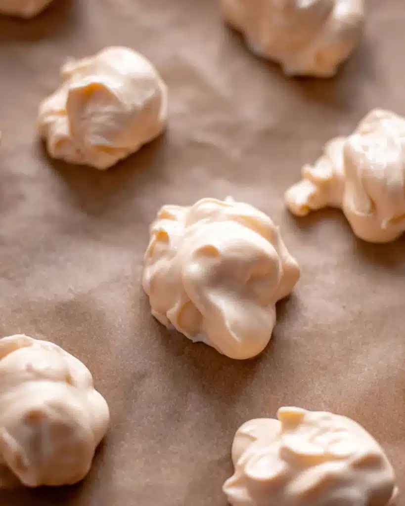 Gingerbread Cheesecake Cookies 3 Scoops of cheesecake filling on parchment paper for gingerbread cookies