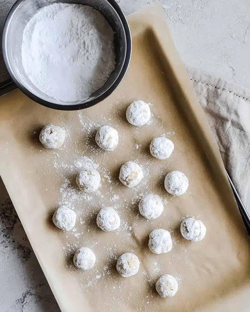Gluten Free Cookies – Soft, Gooey, and Irresistibly Easy 6 Cookie dough balls rolled in powdered sugar on parchment for gluten free cookies