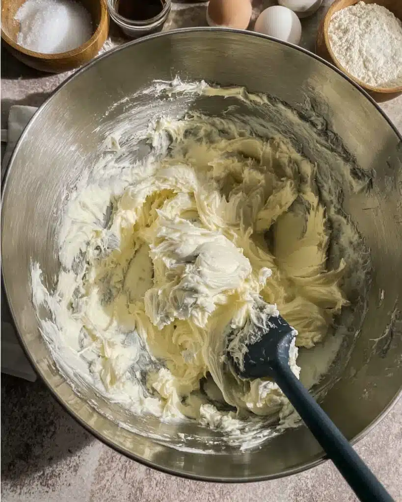 Gluten Free Cookies – Soft, Gooey, and Irresistibly Easy 2 Whipped butter and cream cheese mixture for gluten free cookies in mixing bowl