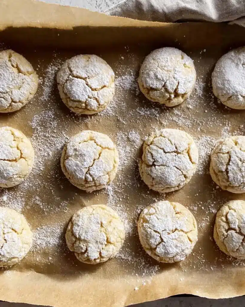 Gluten Free Cookies – Soft, Gooey, and Irresistibly Easy 7 Freshly baked gluten free cookies dusted with powdered sugar on parchment