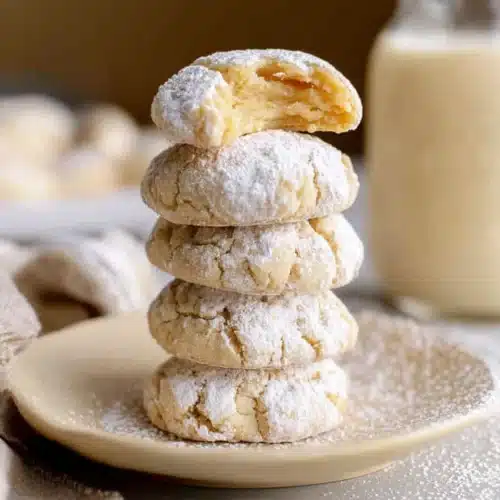 Gluten Free Cookies – Soft, Gooey, and Irresistibly Easy 10 Stack of soft gluten free cookies dusted with powdered sugar on a plate beside a milk jar