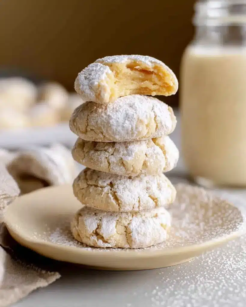 Gluten Free Cookies – Soft, Gooey, and Irresistibly Easy 1 Stack of soft gluten free cookies dusted with powdered sugar on a plate beside a milk jar