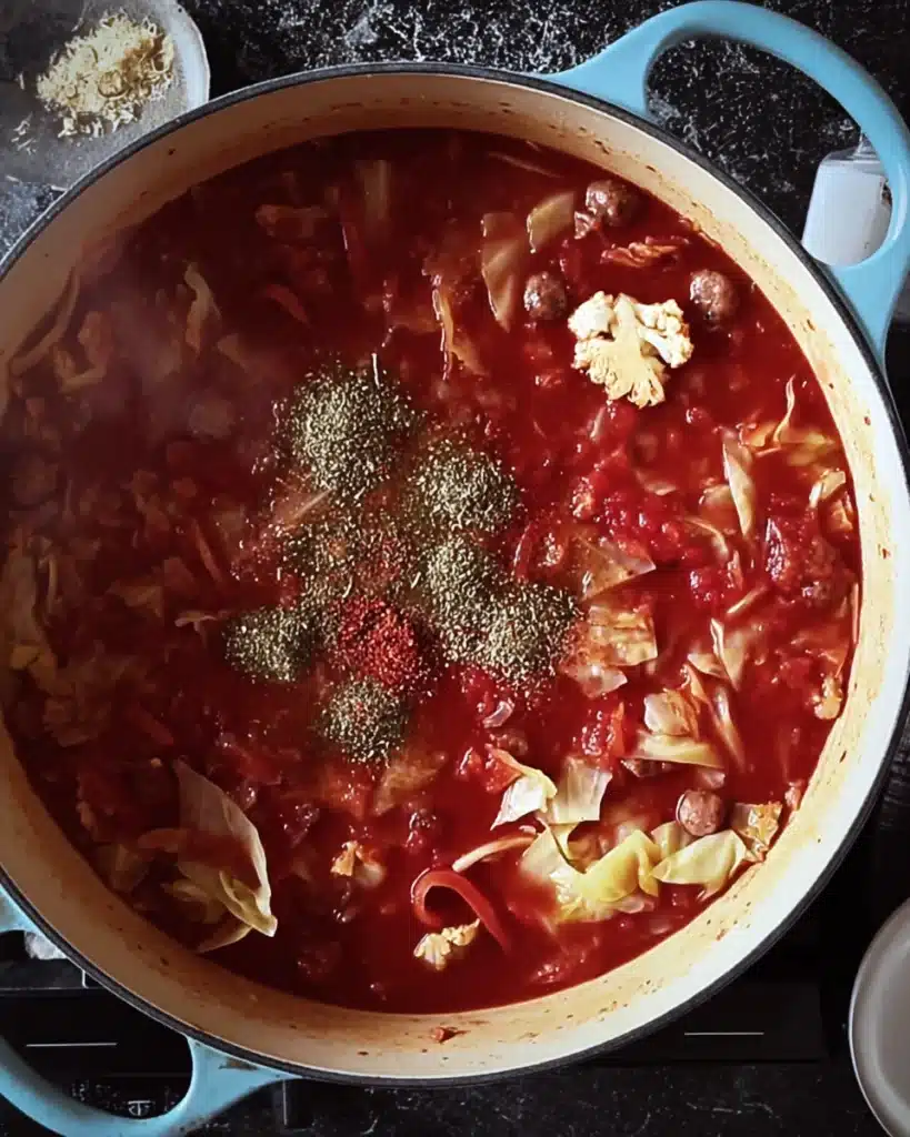 Golumpki Soup (Stuffed Cabbage Soup) – A Hearty Polish Classic Made Easy 7 Seasonings added to simmering Golumpki Soup for rich flavor