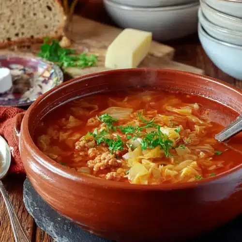 Golumpki Soup (Stuffed Cabbage Soup) – A Hearty Polish Classic Made Easy 10 Rustic terracotta bowl of Golumpki soup with cabbage in tomato broth, parsley garnish, bread and ladle