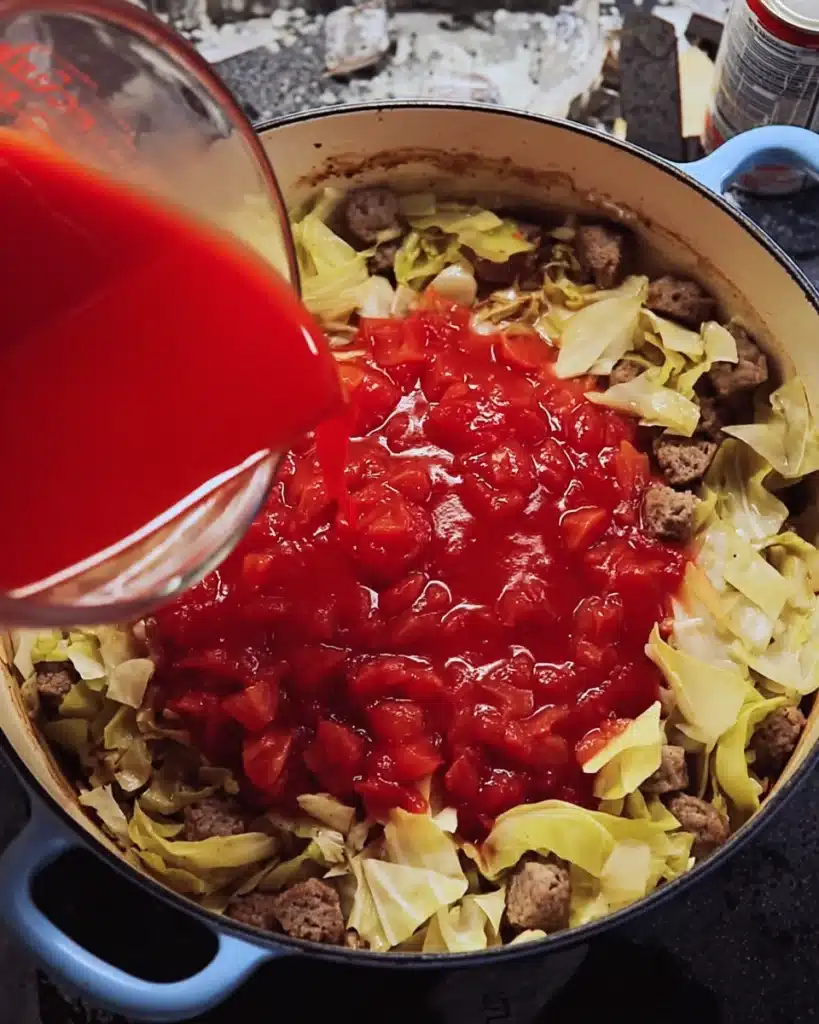 Golumpki Soup (Stuffed Cabbage Soup) – A Hearty Polish Classic Made Easy 6 Pouring tomato juice into pot for Golumpki Soup