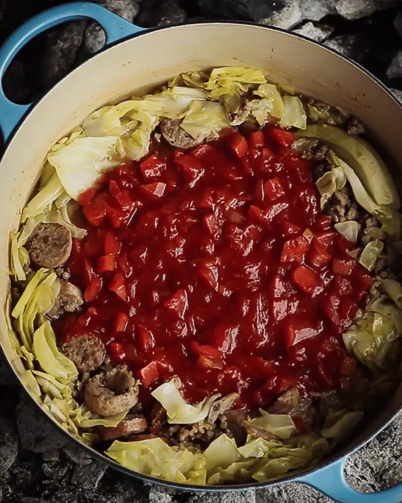 Golumpki Soup (Stuffed Cabbage Soup) – A Hearty Polish Classic Made Easy 5 Diced tomatoes added to cabbage and sausage for Golumpki Soup