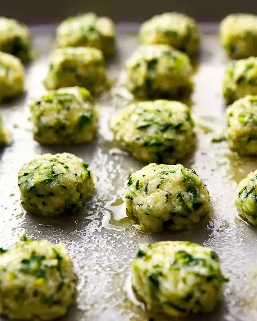 Greek Zucchini Tots (Crispy, Cheesy, and So Easy!) 4 Unbaked Greek zucchini tots on a tray ready for baking