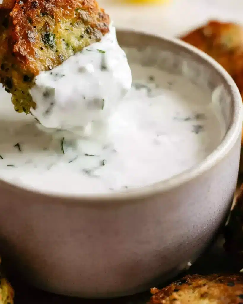 Greek Zucchini Tots (Crispy, Cheesy, and So Easy!) 7 Greek zucchini tot dipped in creamy minted yogurt sauce