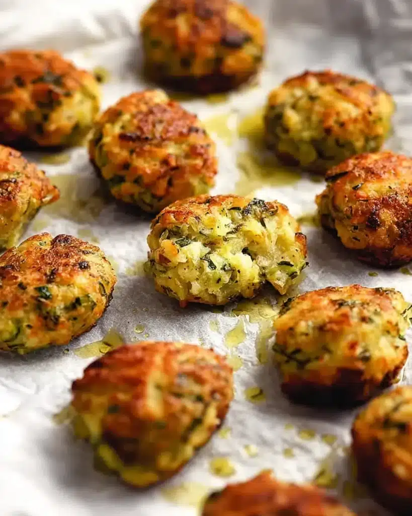 Greek Zucchini Tots (Crispy, Cheesy, and So Easy!) 5 Golden baked Greek zucchini tots on parchment paper