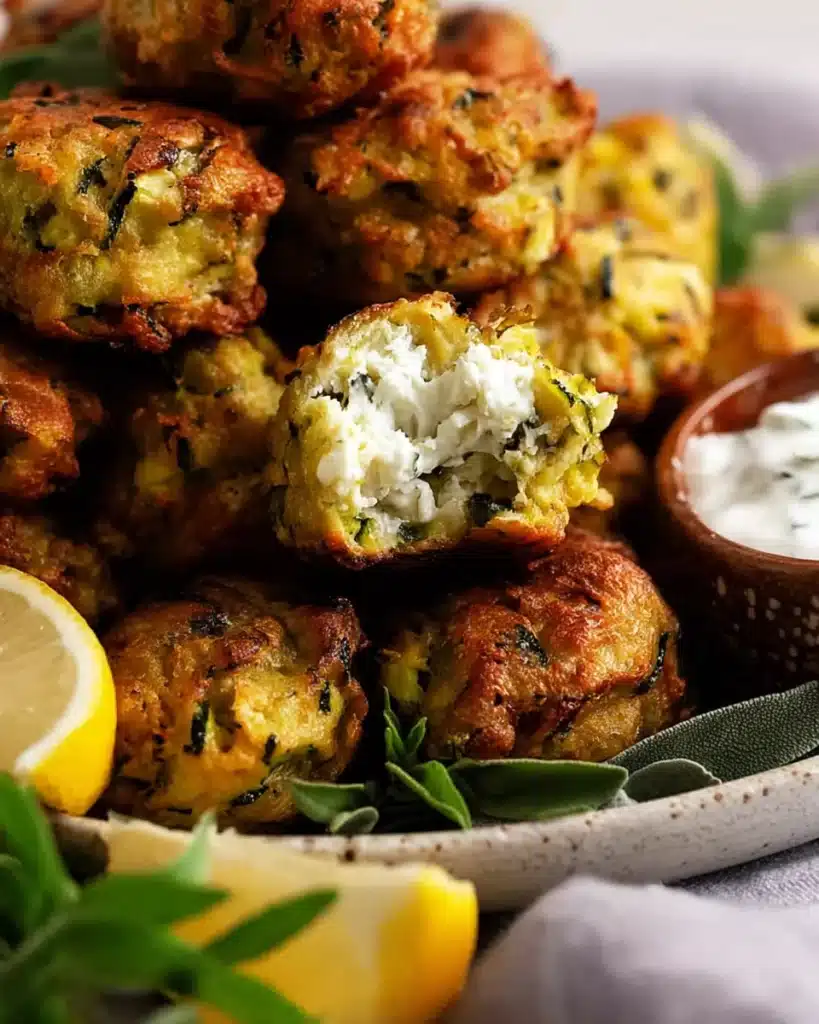 Greek Zucchini Tots (Crispy, Cheesy, and So Easy!) 8 Crispy Greek zucchini tots with feta filling and yogurt dip