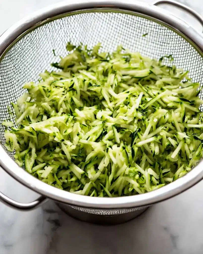 Greek Zucchini Tots (Crispy, Cheesy, and So Easy!) 3 Freshly grated zucchini in a colander ready for Greek zucchini tots