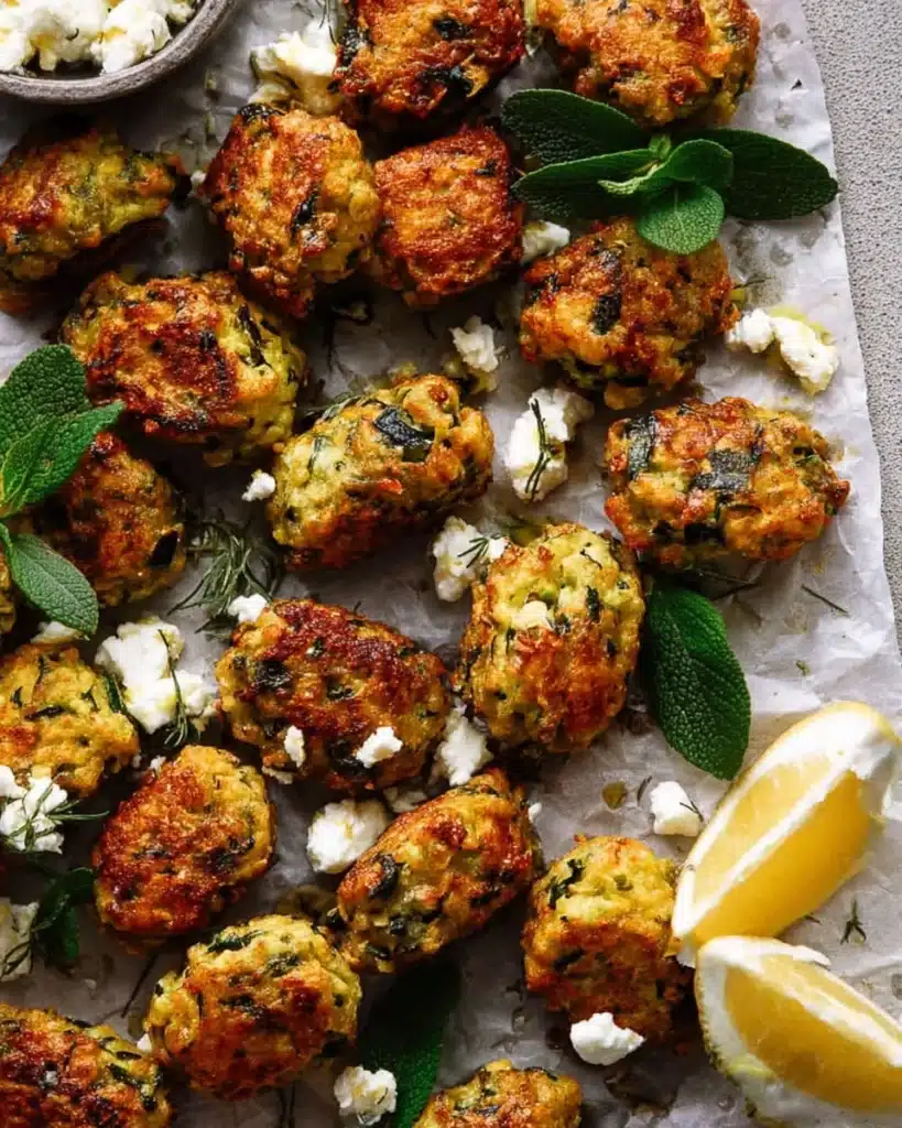 Greek Zucchini Tots (Crispy, Cheesy, and So Easy!) 6 Greek zucchini tots with feta, oregano, and lemon on parchment paper